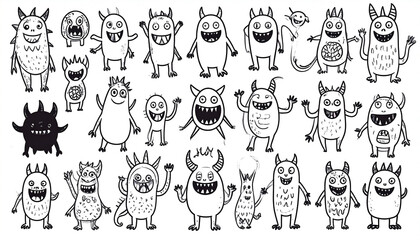 A whimsical collection of 28 quirky, hand-drawn monsters in varying shapes and sizes, exhibiting playful expressions and unique features, rendered in simple black outlines against a white backdrop