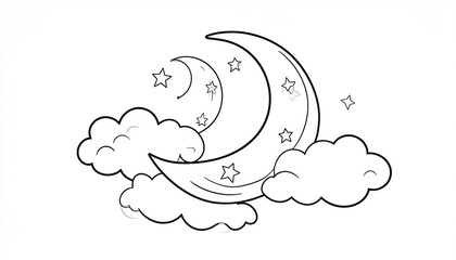 A crescent moon, adorned with small stars, nestled within fluffy clouds, depicted in a simple line drawing style