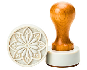 Decorative wax stamp with a floral design and wooden handle on a transparent background