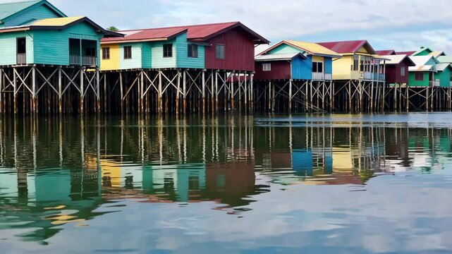 Kampong ayer water village reflecting on brunei river