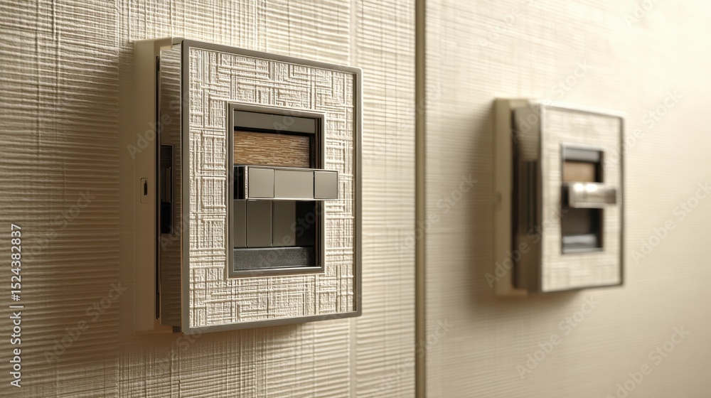 Poster modern light switches with textured frames on wall, showcasing interior design and home automation t