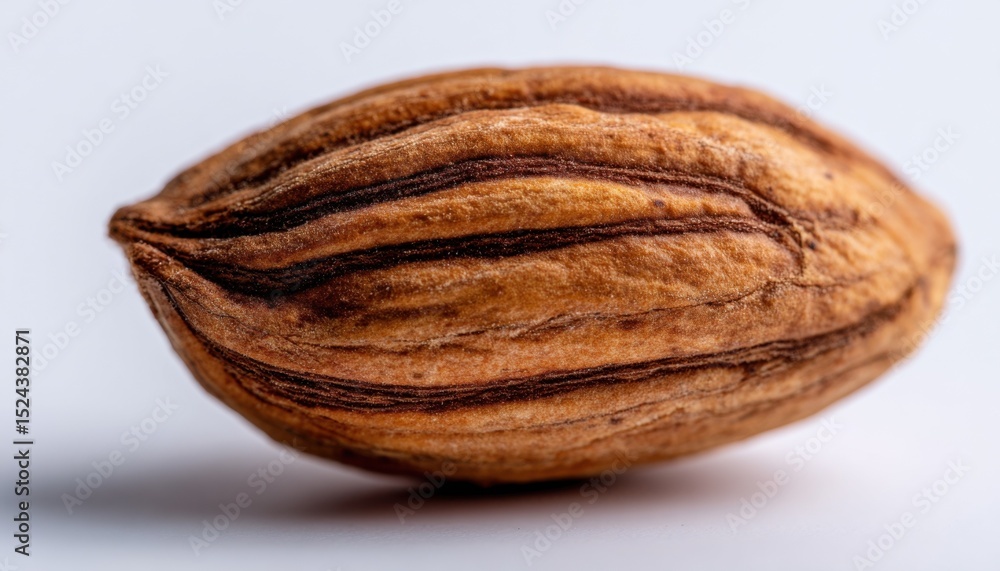 Poster close-up of a single pecan nut on a white surface, representing healthy eating and natural food sour
