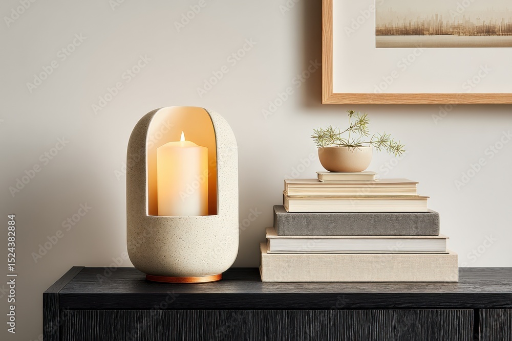 Poster candle in modern holder next to stack of books, creating a sense of calm and representing relaxation