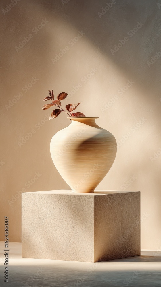 Poster minimalist vase with branch on plinth in warm light, symbolizing serenity and interior design : gene