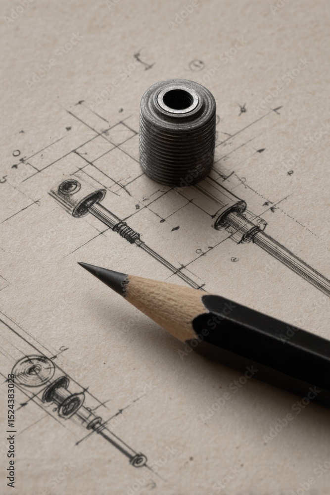 Poster pencil and metal component on engineering blueprint, showcasing precision and technical expertise fo