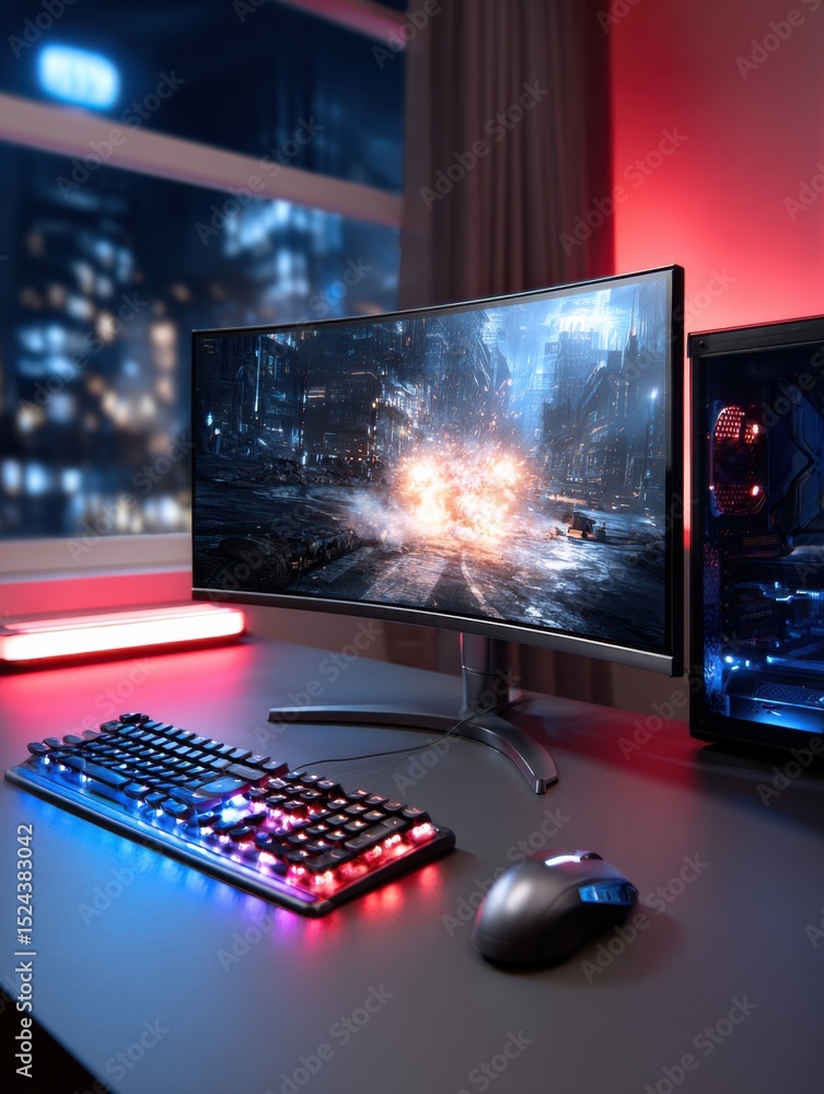 Poster Gaming Setup With Glowing Keyboard and Cityscape on Screen, Representing Entertainment and Digital Lifestyle, Perfect for Tech Product Placement : Generative AI