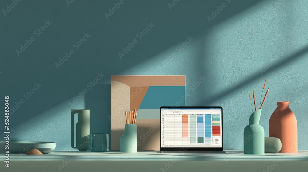 Poster Laptop Displaying Spreadsheet on Desk With Vases, Representing Data Analysis and Financial Planning for Business Productivity and Efficiency : Generative AI