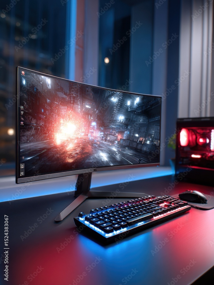 Poster gaming setup with curved monitor displaying cyberpunk cityscape, ideal for esports tournaments and d