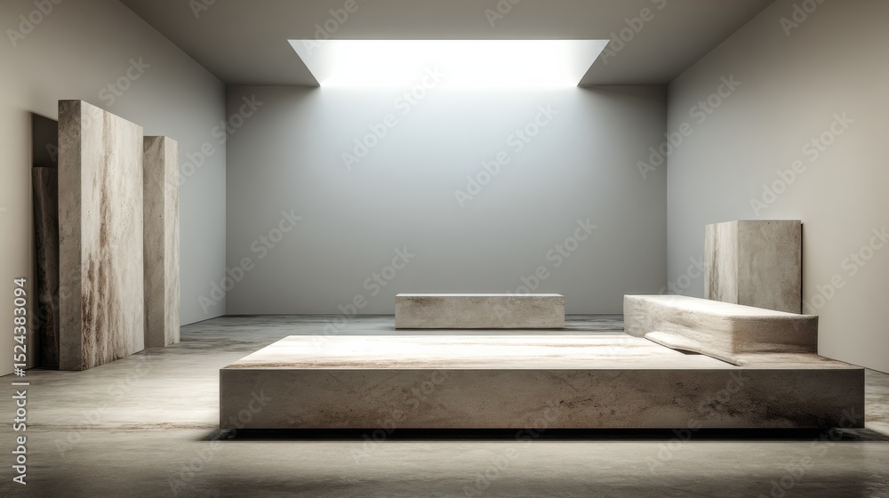 Poster Minimalist Concrete Structures in Empty Room With Skylight, Showcasing Modern Architecture and Interior Design : Generative AI
