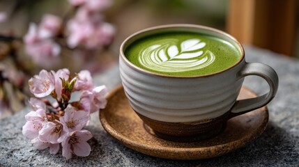Matcha Latte Art With Cherry Blossoms, Symbolizing Springtime Wellness and Mindful Consumption For Food Bloggers : Generative AI