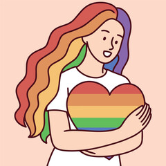 Girl with rainbow hair hugging heart in LGBT colors, closed eyes and calm expression symbolizing love and acceptance