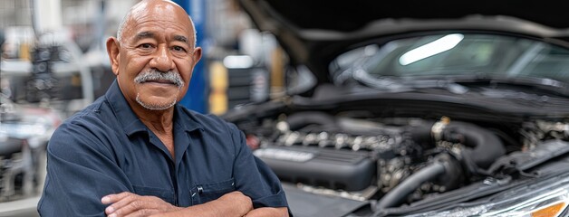 Middle-aged Hispanic mechanic stands with arms crossed in a dark blue uniform, showcasing expertise in a busy car workshop