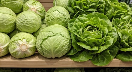Fresh green cabbages and lettuces at local market for sale and promotion