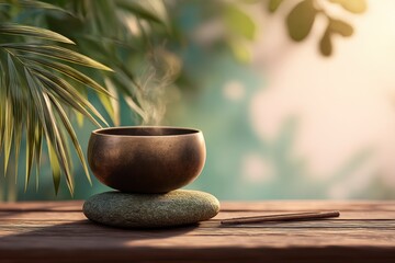 Steaming Singing Bowl on Stone With Palm Leaves, Representing Wellness and Spiritual Healing in a Peaceful Setting, Ideal for Meditation Retreats : Generative AI