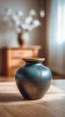 Cracked Ceramic Vase on Wooden Table in Natural Light, Depicting Imperfection and Home Decor Inspiration : Generative AI
