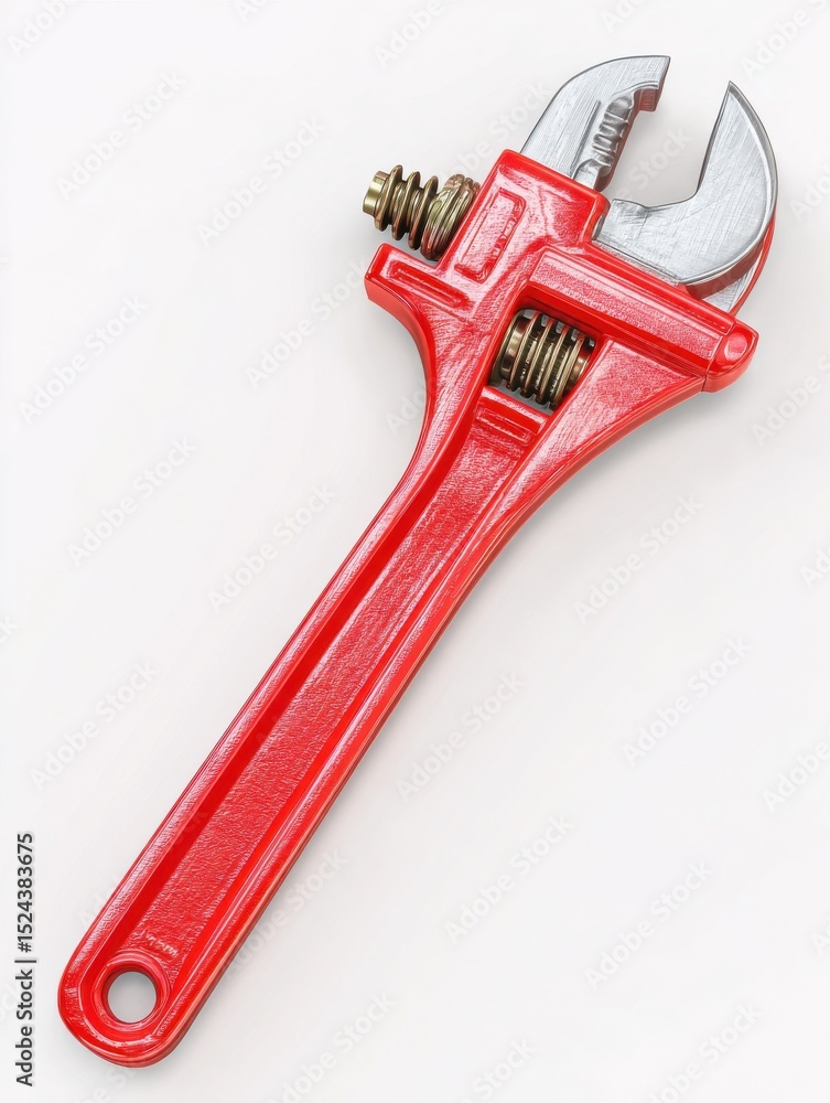 Poster red adjustable wrench on white surface, symbolizing precision engineering and repair services, ideal