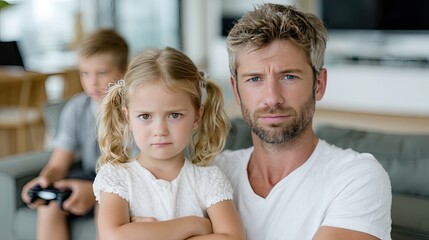 Obraz premium Young girl plays video games with her brother while another girl poses angrily at their father in a stylish living room setting