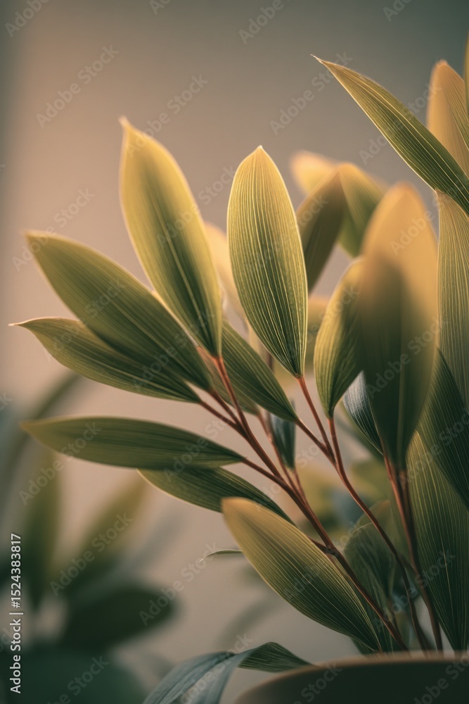 Poster close-up of green leaves in soft light, symbolizing growth and environmental awareness in a botanica
