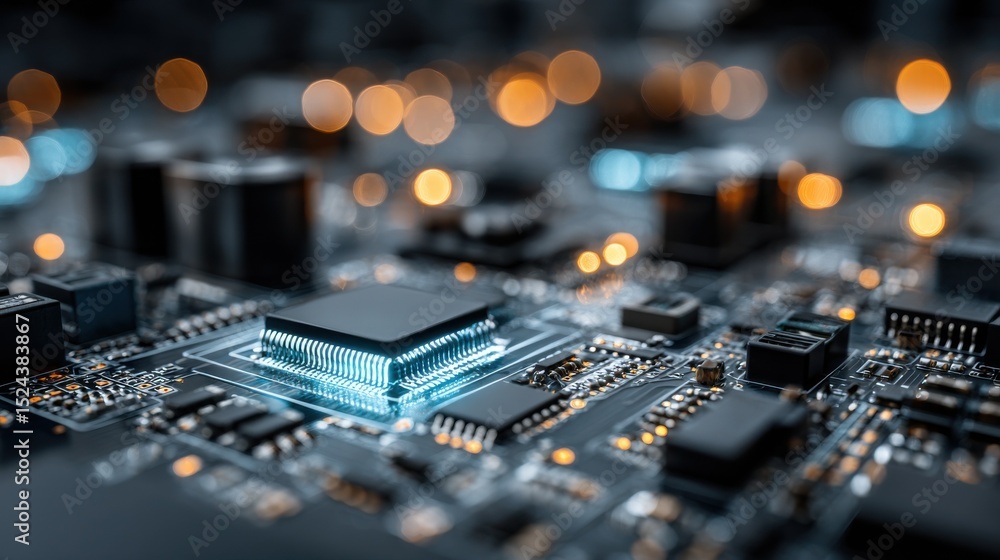 Leinwandbilder Illuminated Microchip on Circuit Board, Symbolizing Technological Advancement and Digital Transformation in the Modern Era : Generative AI