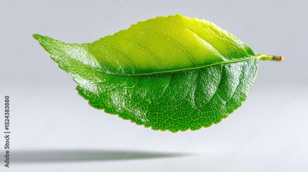 Poster bright green leaf floating in air, symbolizing environmental awareness and sustainable practices for
