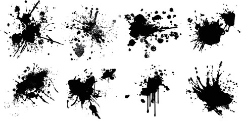 Obraz premium Black ink splatters on a white background. Suitable for graphic design projects or as a background for text or images. Set of black blots, isolated on white background