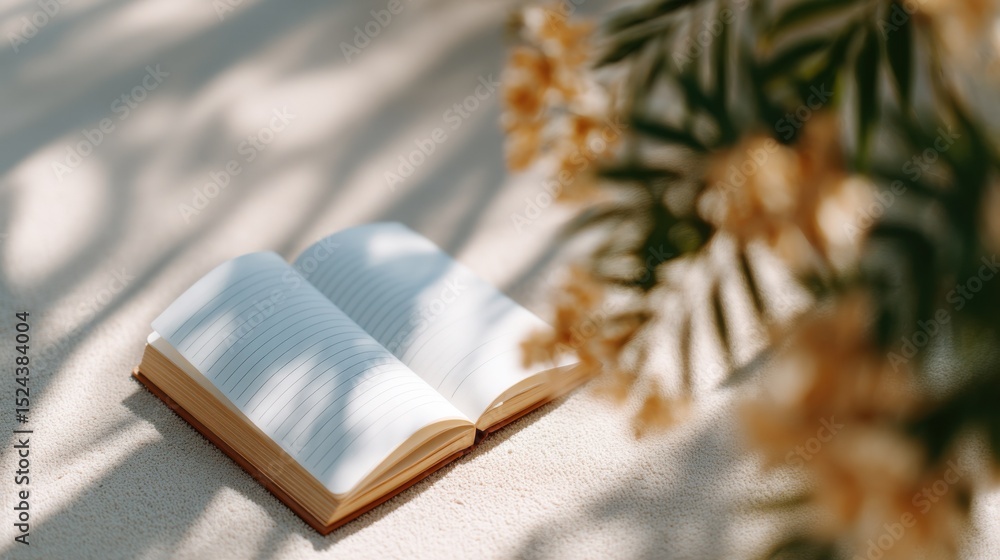 Poster open notebook on bright surface with floral accent, evoking tranquility and creative writing : gener