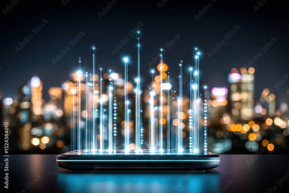 Aufkleber Smartphone Displaying Data Streams Over Cityscape at Night, Representing Connectivity and Digital Transformation in Business and Global Communication : Generative AI