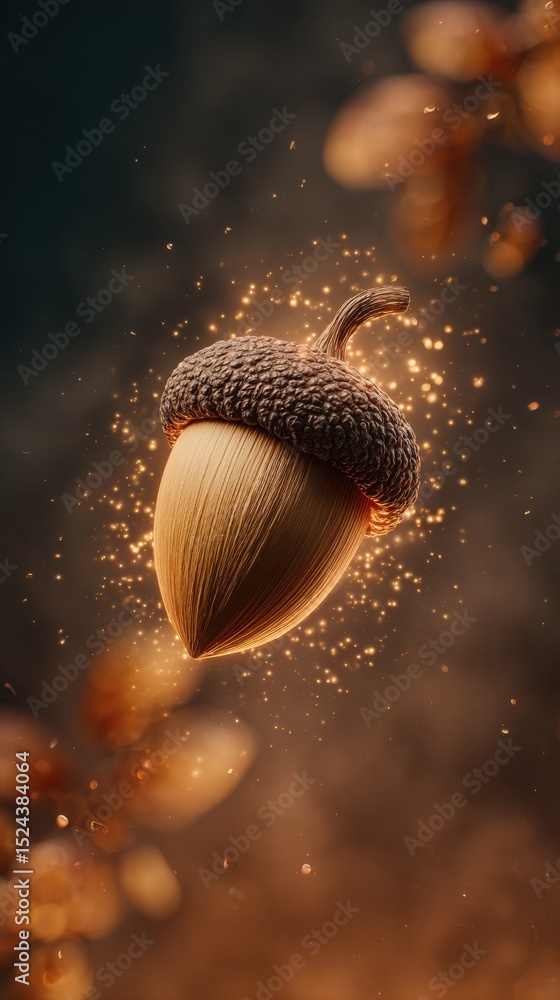 Poster floating acorn with sparkling lights, symbolizing growth and potential for new beginnings, perfect f