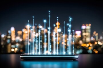 Smartphone Displaying Data Streams Over Cityscape at Night, Representing Connectivity and Digital Transformation in Business and Global Communication : Generative AI