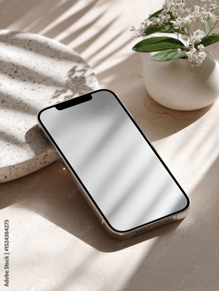 Poster smartphone with blank screen on marble surface, ideal for mobile app advertising and digital marketi