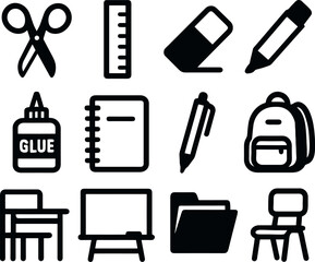 Fototapeta premium school supply icons including scissors, pencil, glue, notebook, backpack, ruler, eraser and desk in bold black outline for education visuals.