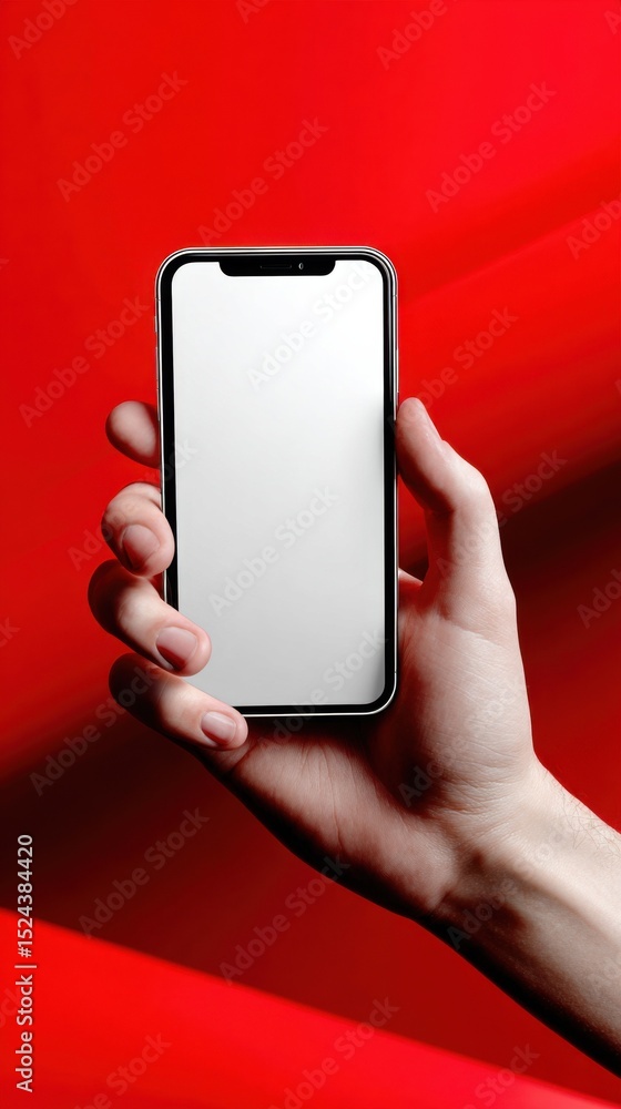 Aufkleber Hand Holding Smartphone With Blank Screen on Red Backdrop, Ideal for Mobile App Promotion and Digital Communication : Generative AI