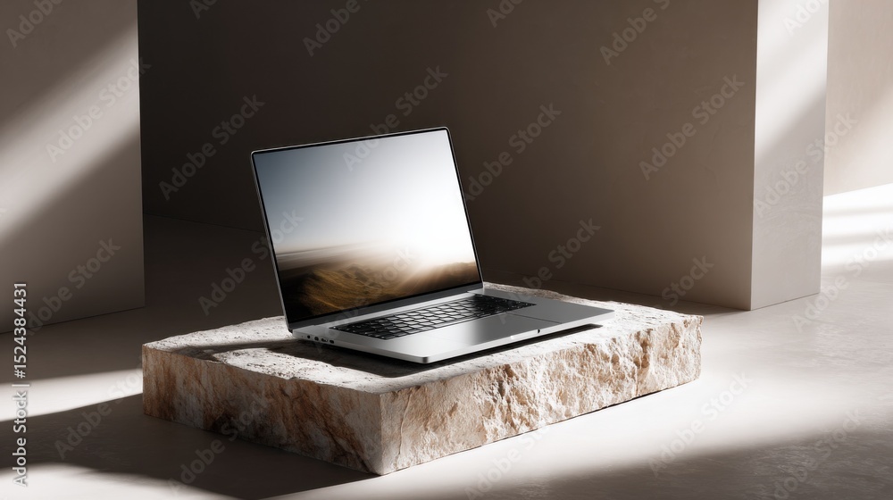 Poster sleek laptop on stone platform with landscape display, showcasing modern technology and digital tran