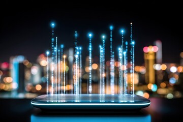 Futuristic Smartphone Displaying Binary Code Over Cityscape at Night, Representing Digital Transformation and Connectivity : Generative AI