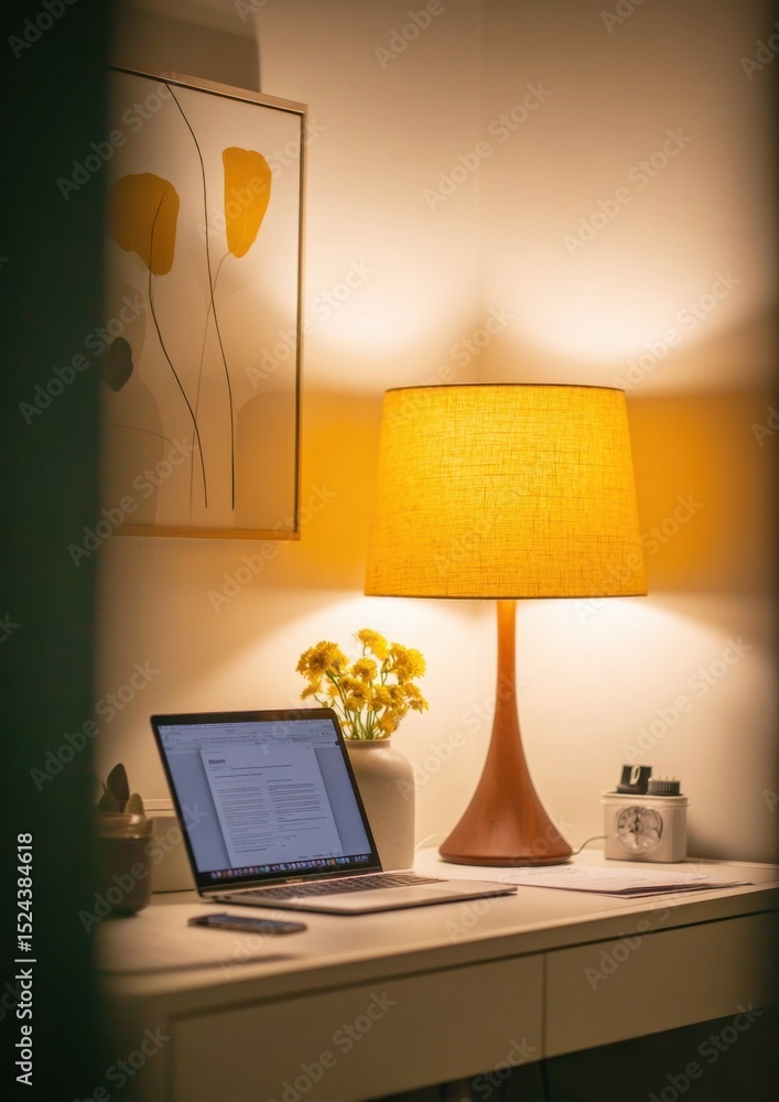 Poster laptop on desk illuminated by lamp with yellow flowers, representing remote work and productivity in