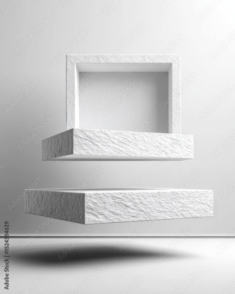 Aufkleber minimalist white stone shelves floating in a bright room, ideal for product placement and modern int