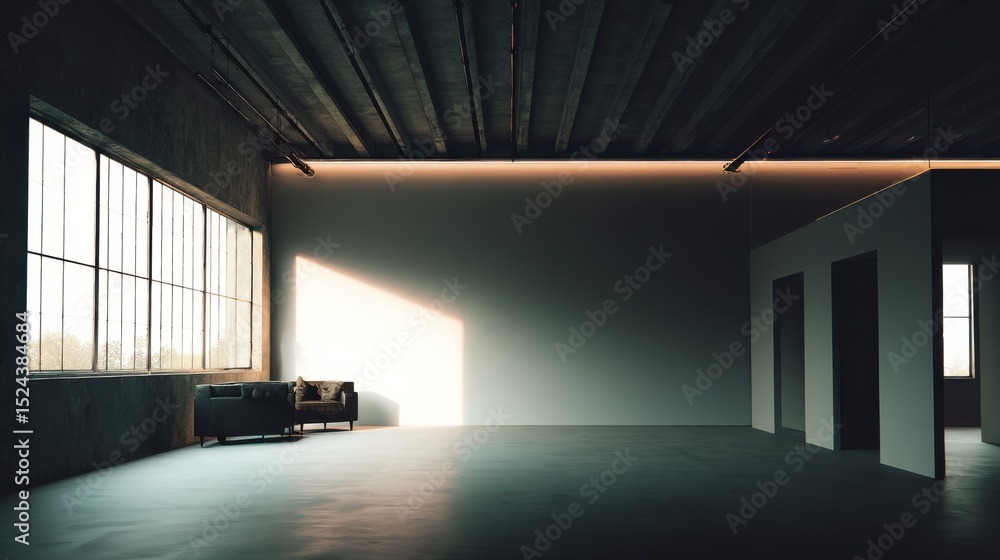Poster loft apartment with concrete walls and large windows, representing modern architecture and urban ren