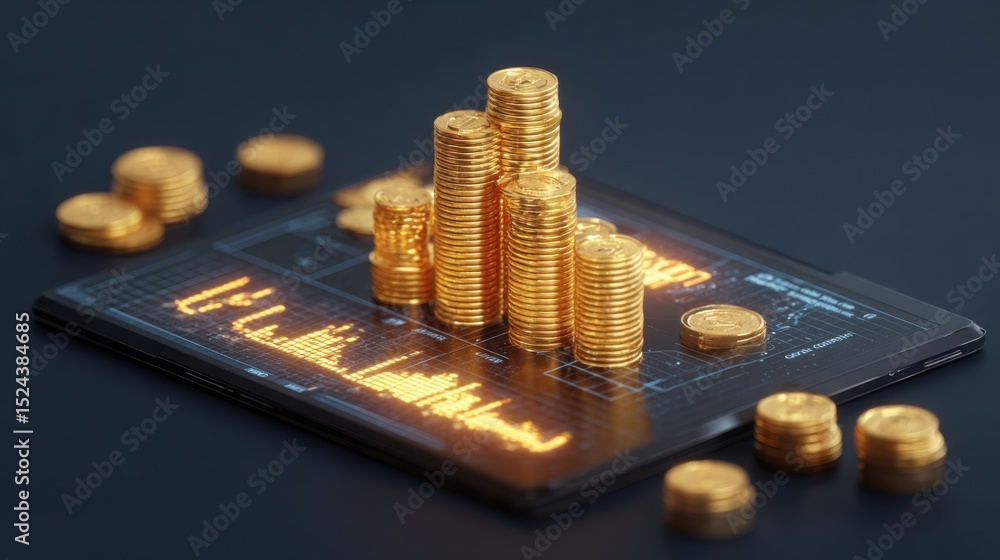 Poster stacks of gold coins on a tablet displaying financial data, illustrating investment strategy and wea