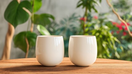 Two White Cups on Wooden Table Against Green Plants, Symbolizing Serenity and Mindful Living for a Wellness Retreat : Generative AI