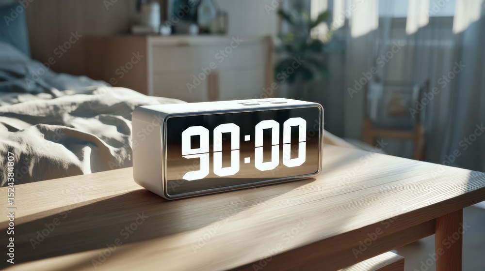 Poster digital clock displaying 90:00 on nightstand in bedroom, representing time management and sleep opti