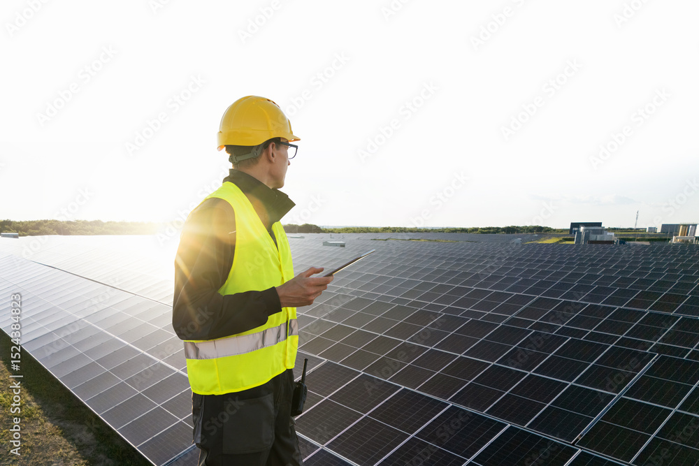 Poster engineer with tablet computer on a solar energy power station