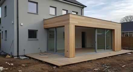 New house extension with wooden frame and decking in garden for real estate use