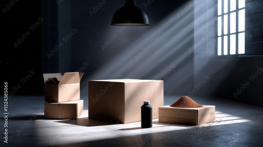 Aufkleber Cardboard Boxes and Bottle in Warehouse Setting With Light Rays, Showcasing Logistics and Supply Chain Efficiency : Generative AI