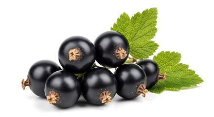 Freshly picked blackcurrants with vibrant green leaves against a clean white backdrop.