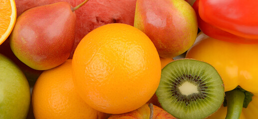 Assorted fresh ripe fruits and vegetables. Food concept background.