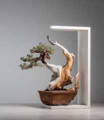 Elegant Bonsai Tree Displayed in Minimalist Setting, Symbolizing Zen Garden Design and Corporate Wellness : Generative AI