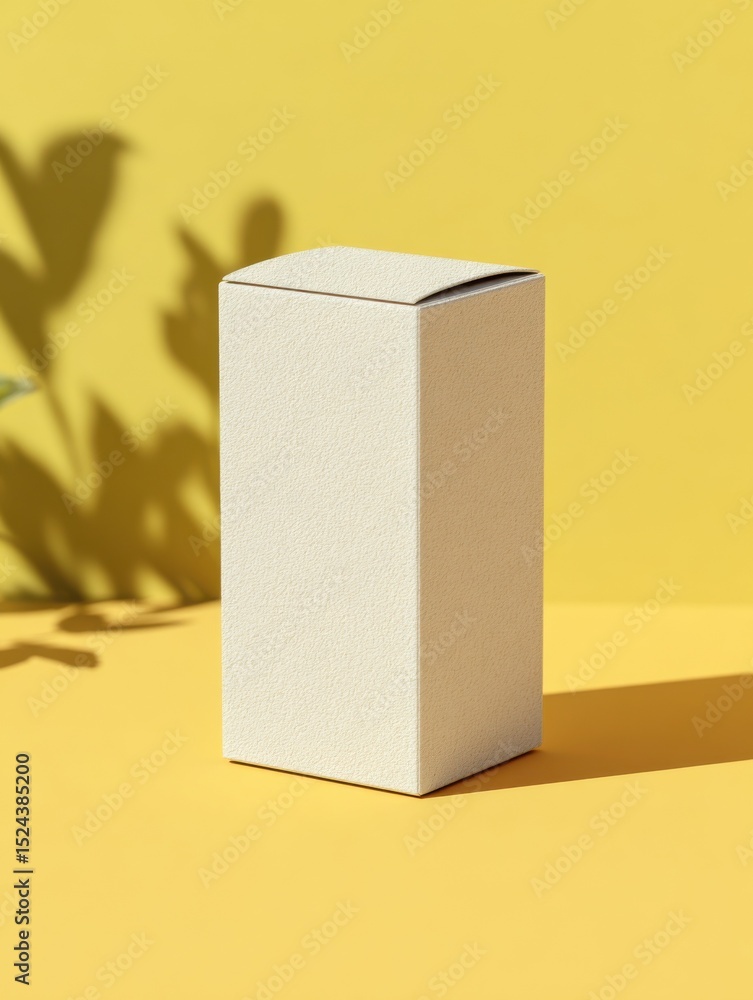 Poster cream colored box on yellow surface with plant shadow, ideal for mockups and product packaging desig