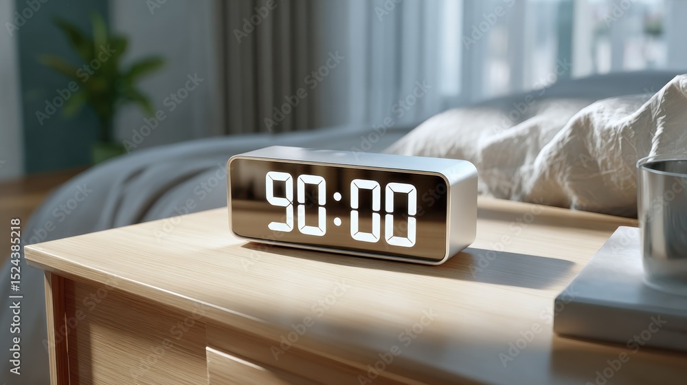 Poster Digital Clock Displaying 9 O'Clock on Nightstand in Bedroom, Illustrating Time Management and Morning Routine for Productivity and Wellness : Generative AI