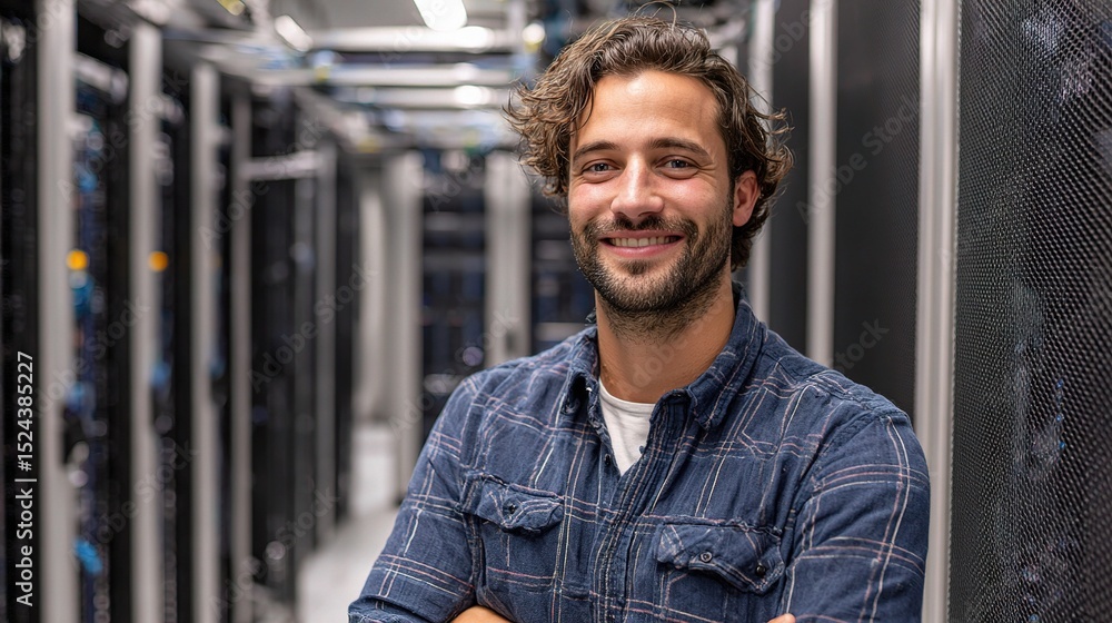 Poster smiling it support engineer in modern server room environment