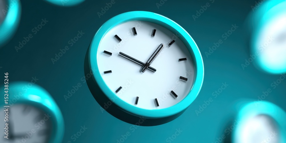 Aufkleber floating turquoise clocks against teal background, representing time management and deadline urgency